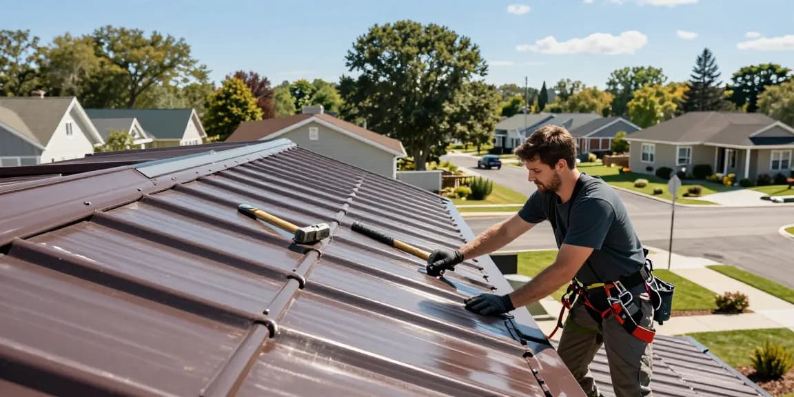 Roofer installing metal roof, showcasing quality and reliability—visit website for details.