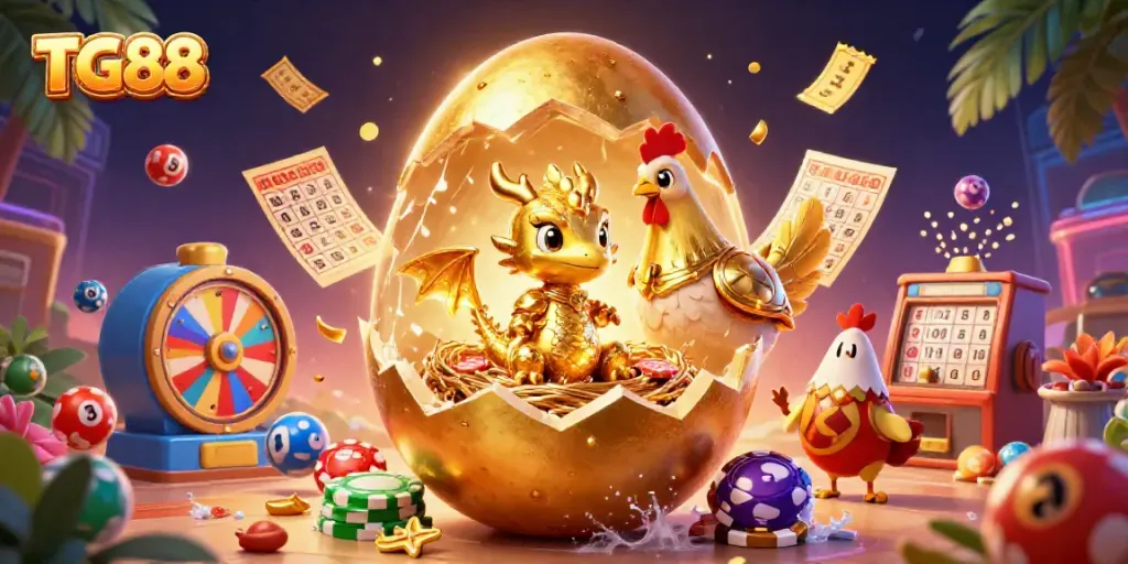 Experience the excitement of TG88 gaming with a dynamic 3D scene showcasing lucky elements and a golden dragon.