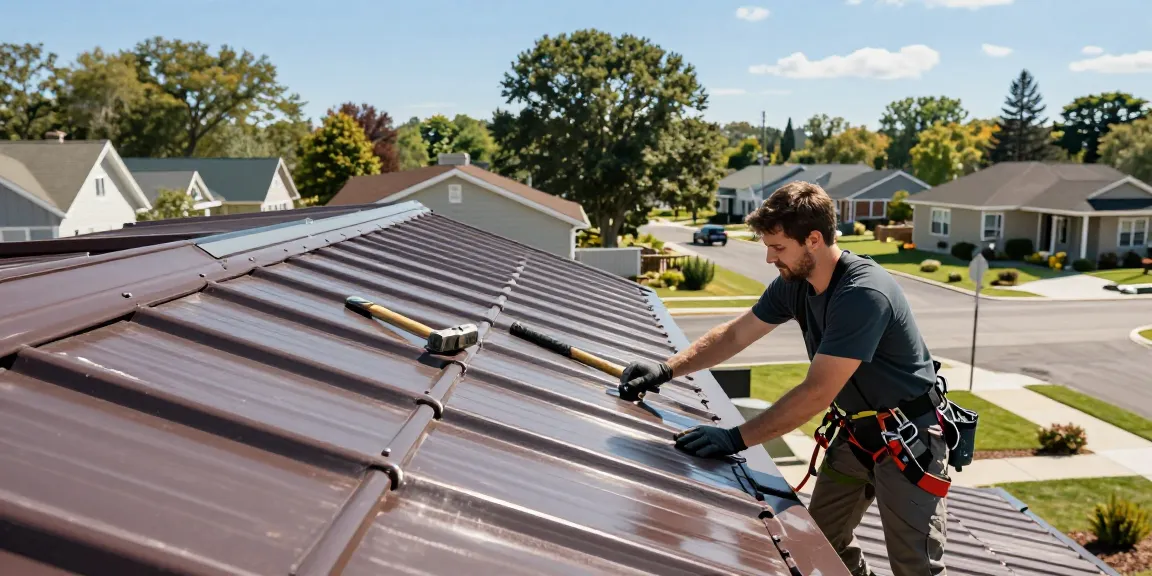 Roofer installing metal roof, showcasing quality and reliability—visit website for details.