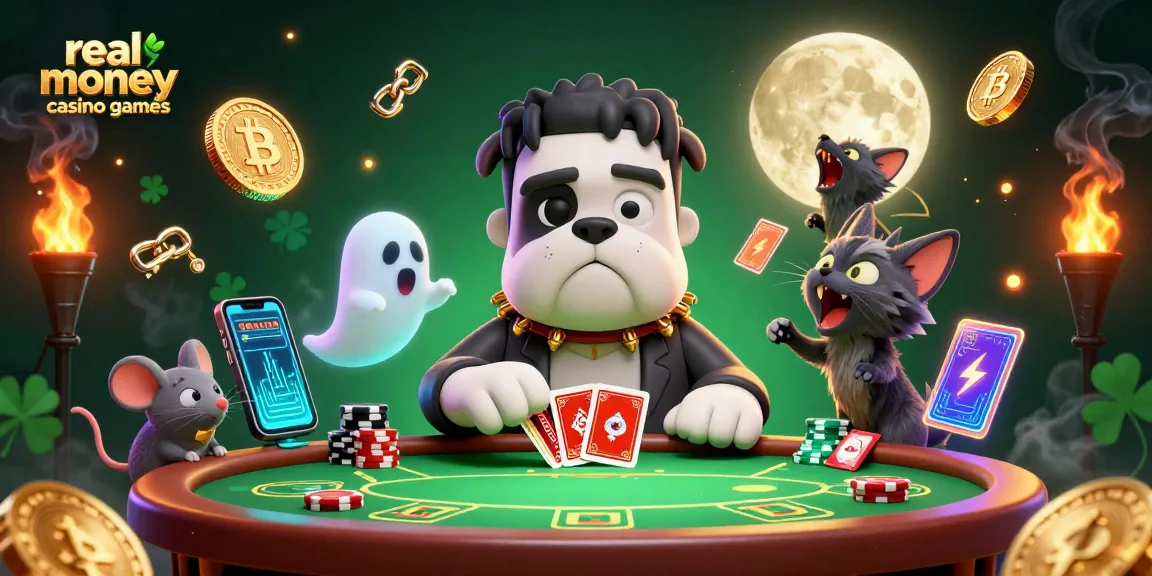 Engage with real money casino games as a cartoon monster deals cards at a lively table.
