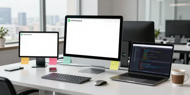 Explore whatsapp gb features in a modern tech workspace with coding software and gadgets.